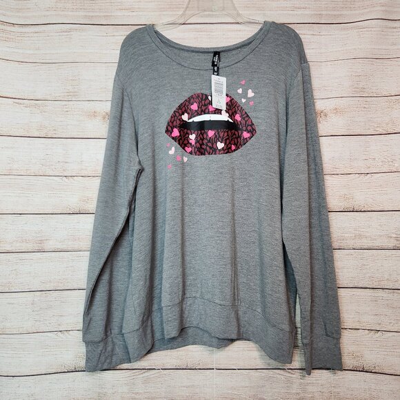 New TORRID 2X Heather Grey Sleep Lounge Sweatshirt Lips Heart Print Super Soft - Picture 1 of 15